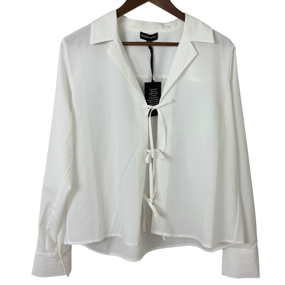 Womens M Tie Front Blouse White Long Sleeve Collar Office Minimal‎ Capsule NEW